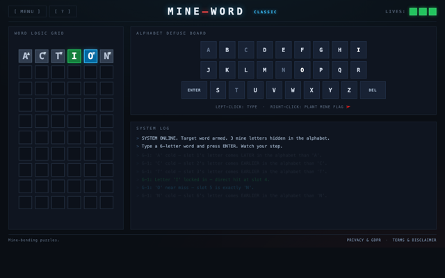 Classic mode — a word logic grid beside the alphabet defuse board