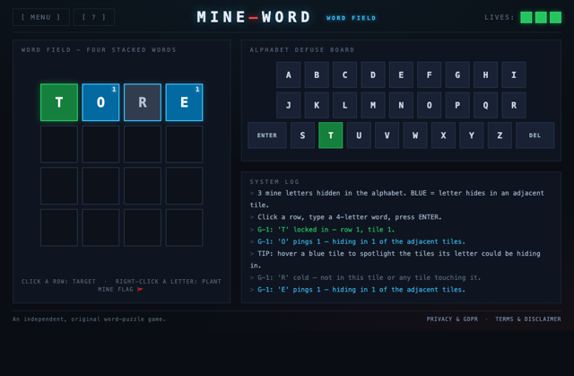 Word Field mode — a 4 by 4 field of stacked words with adjacency pings