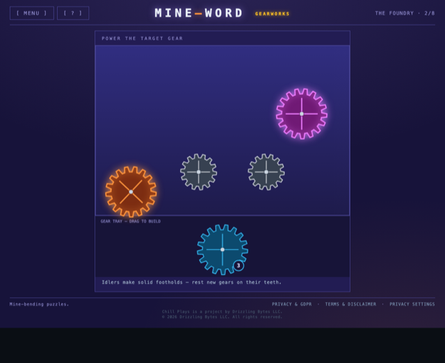 ChillGears mode — a physics puzzle of meshing gears on a dark board