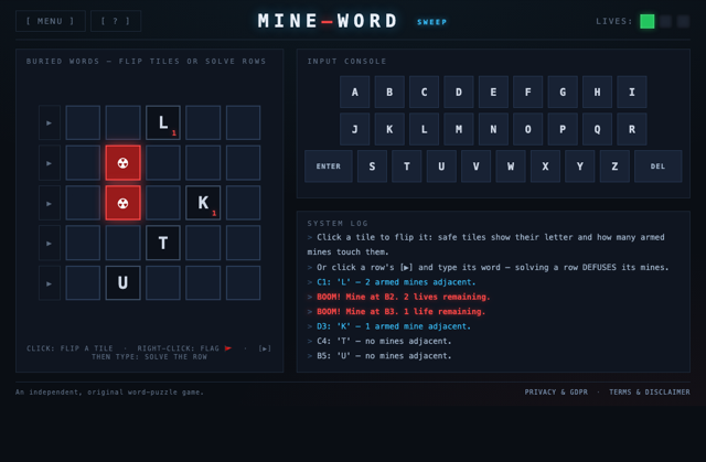 Sweep mode — face-down letter tiles with mine sensor counts